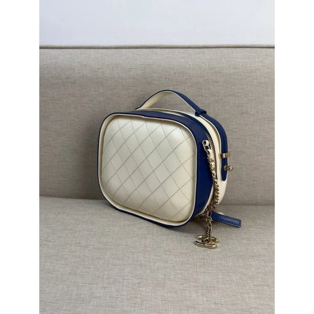 CHANEL Blue and White Lambskin Two Tone Vanity Case Bag SHW